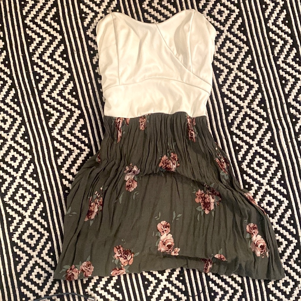 Strapless floral olive green dress Sz Small